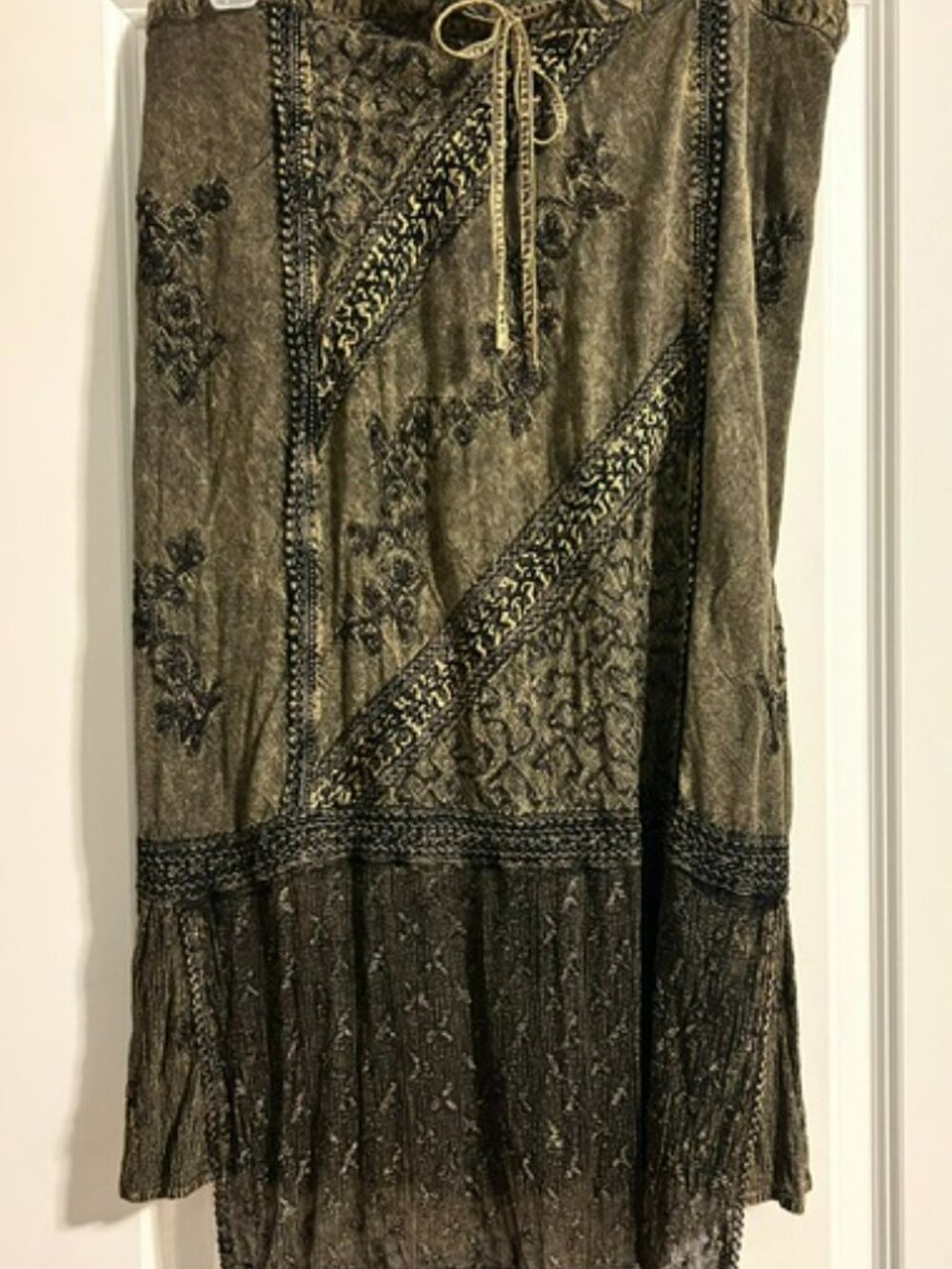 L.S.I Olive Lace Trimmed Embellished Peasant Midi Boho Skirt, L/XL